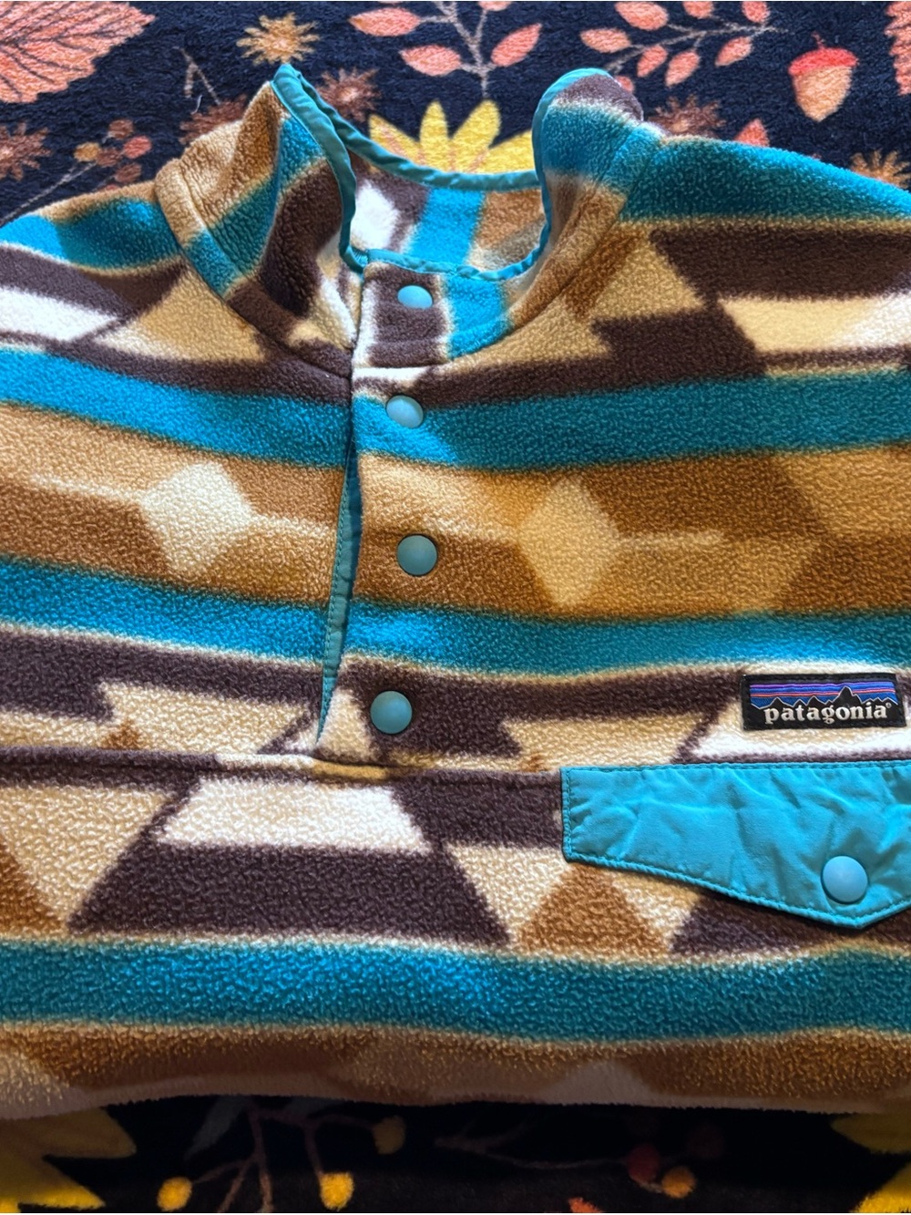 Patagonia Teal, Brown & Cream Geometric Kids Fleece Pullover - Picture 4 of 6